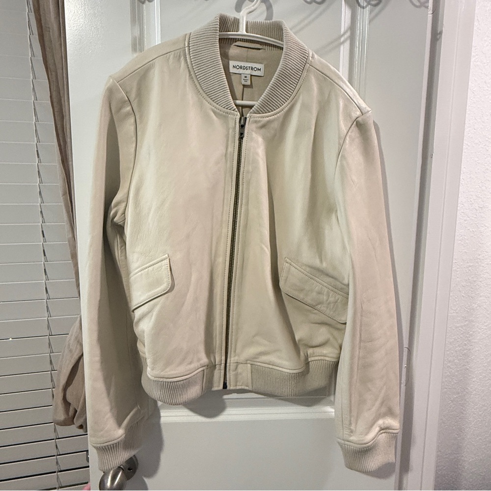 Nordstrom Beige Leather Bomber Jacket